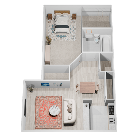 Floor plan for 1 bed, 1 bath, 760 sqft